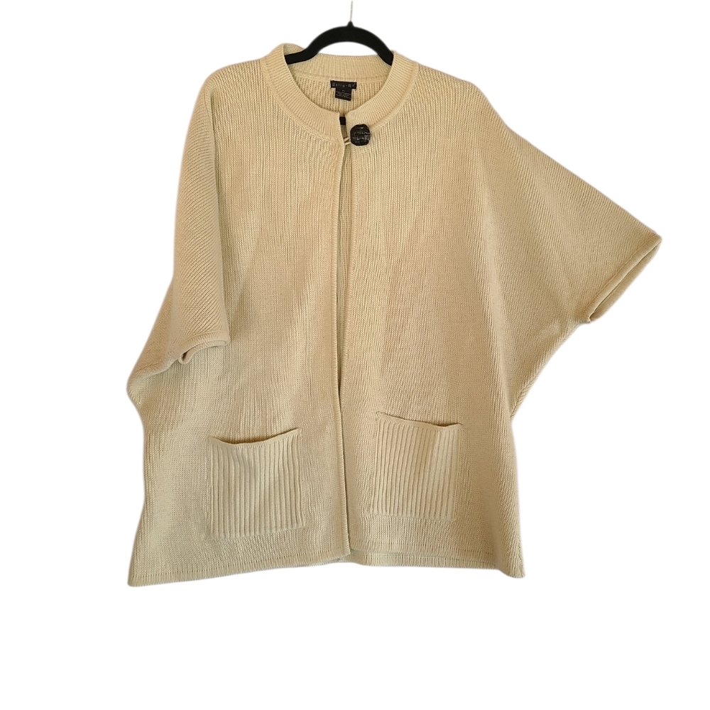 Vtg Tally-Ho Knit Poncho Cardigan XL Cream Ivory Chunky Oversized Cape